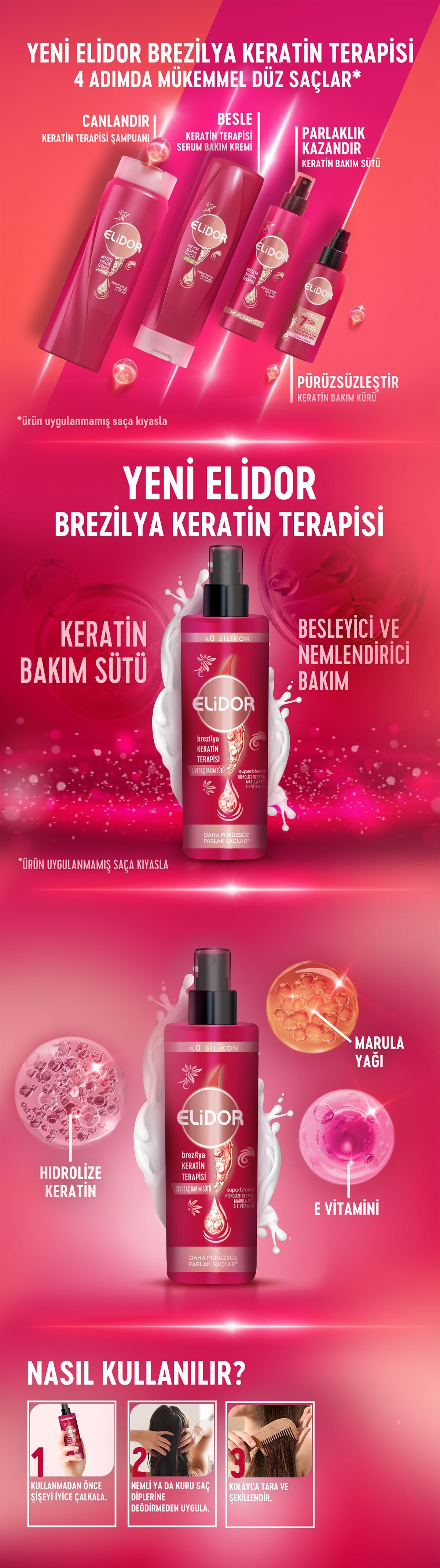 Elidor Sıvı Saç Bakım Sütü Brezilya Keratin Terapisi Hidrolize Keratin Marula Yağı E Vitamini 200 ml
