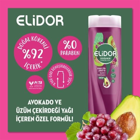 Elidor Doğanın Enerjisi Avokado & Üzüm Çekirdeği Yağı Şampuan 200ml Seyehat Boy