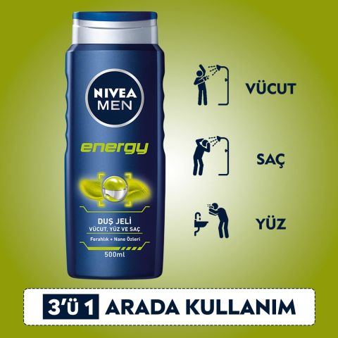 Nivea Men Energy Duş Jeli 500 ml 3’ü 1 Arada Vücut, Saç ve Yüz