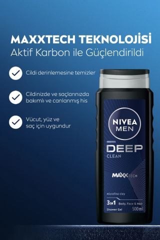 Nivea Men Deep Dimension Duş Jeli 500 ml 3’ü 1 Arada Vücut, Saç ve Yüz