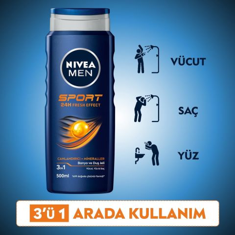 Nivea Men Sports Duş Jeli 500 ml 3’ü 1 Arada Vücut, Saç ve Yüz