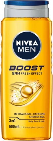 Nivea Men Boost Duş Jeli 500 ml 3’ü 1 Arada Vücut, Saç ve Yüz