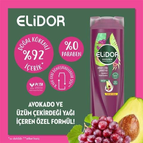 Elidor Doğanın Enerjisi Avokado ve Üzüm Çekirdeği Yağı Saç Bakım Şampuanı 400 ml