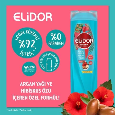 Elidor Doğanın Enerjisi Argan Yağı & Hibiskus Özü Dökülme Karşıtı Saç Bakım Şampuanı 400 ml