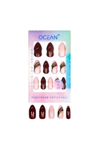Ocean Solingen Kahverengi Pembe Desenli Takma Tırnak Tak Ve Çık Kendinden Yapışkanlı Takma Tırnak ASU-806 12 Adet