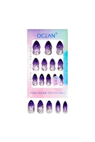 Ocean Solingen Mor Desenli Takma Tırnak Tak Ve Çık Kendinden Yapışkanlı Takma Tırnak ASU-839 12 Adet