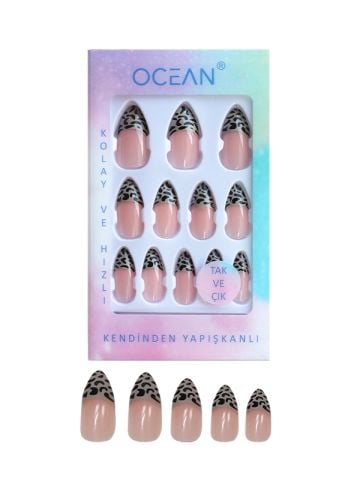 Ocean Solingen Pembe Leopar Desenli Takma Tırnak Tak Ve Çık Kendinden Yapışkanlı Takma Tırnak ASU-728 12 Adet