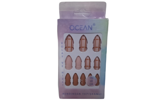 Ocean Solingen Kareli Pembe Desenli Takma Tırnak Tak Ve Çık Kendinden Yapışkanlı Takma Tırnak ASU-734 12 Adet