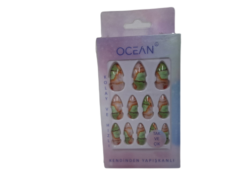 Ocean Solingen Yeşil Desenli Takma Tırnak Tak Ve Çık Kendinden Yapışkanlı Takma Tırnak ASU-793 12 Adet