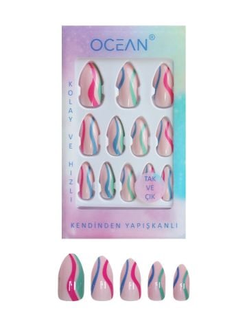 Ocean Solingen Renkli Desenli Takma Tırnak Tak Ve Çık Kendinden Yapışkanlı Takma Tırnak ASU-735 12 Adet