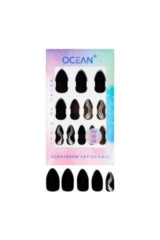 Ocean Solingen Mat Siyah Desenli Takma Tırnak Tak Ve Çık Kendinden Yapışkanlı Takma Tırnak ASU-802 12 Adet