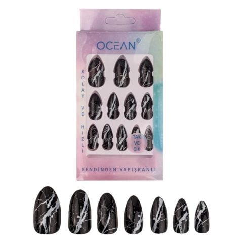 Ocean Solingen Siyah Beyaz Badem Batik Desenli Ebruli Tak Çık Takma Tırnak Kendinden Yapışkanlı Tırnak ASU-773 12 Adet