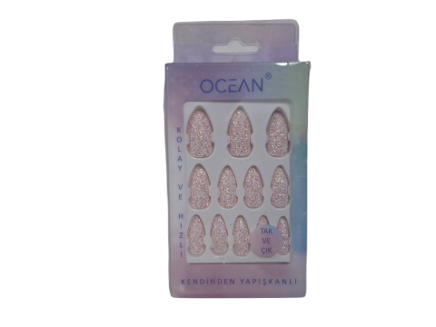 Ocean Solingen Badem Tak Çık Simli Takma Tırnak Kendinden Yapışkanlı Tırnak ASU-789 12 Adet