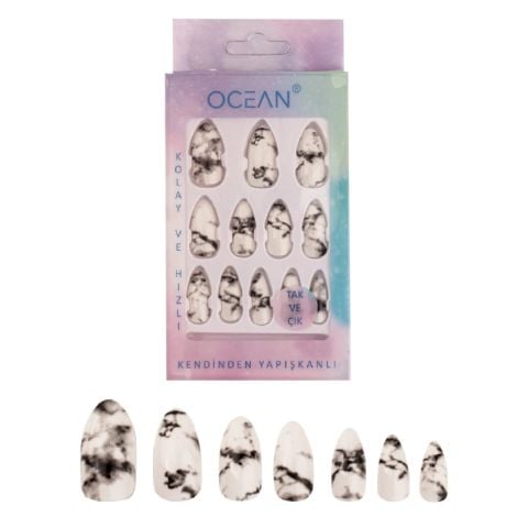 Ocean Solingen Badem Batik Desenli Ebruli Tak Çık Takma Tırnak Kendinden Yapışkanlı Tırnak ASU-770 12 Adet