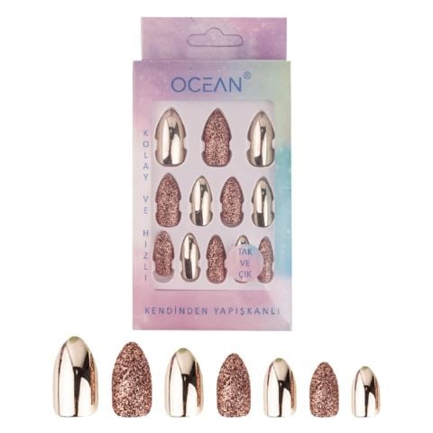 Ocean Solingen Badem Metalik ve Simli Tak Çık Takma Tırnak Kendinden Yapışkanlı Tırnak ASU-788 12 Adet