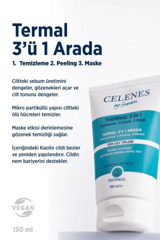 Celenes Thermal 3'ü 1 Arada Yıkama Peeling Maske 150 ml