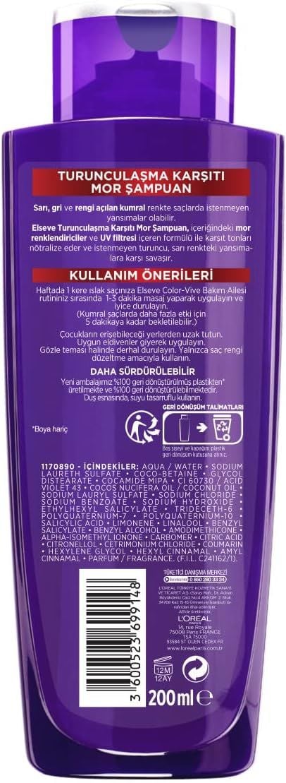 Loreal Paris Elseve Turunculaşma Karşıtı Mor Şampuan 200 Ml