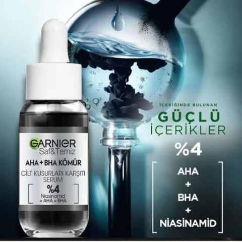 Garnier Aha+Bha Cilt Kusurları Karşıtı Siyah Serum%4 [Niasinamid+Peeling Etkili Aha+Bha] 30ML