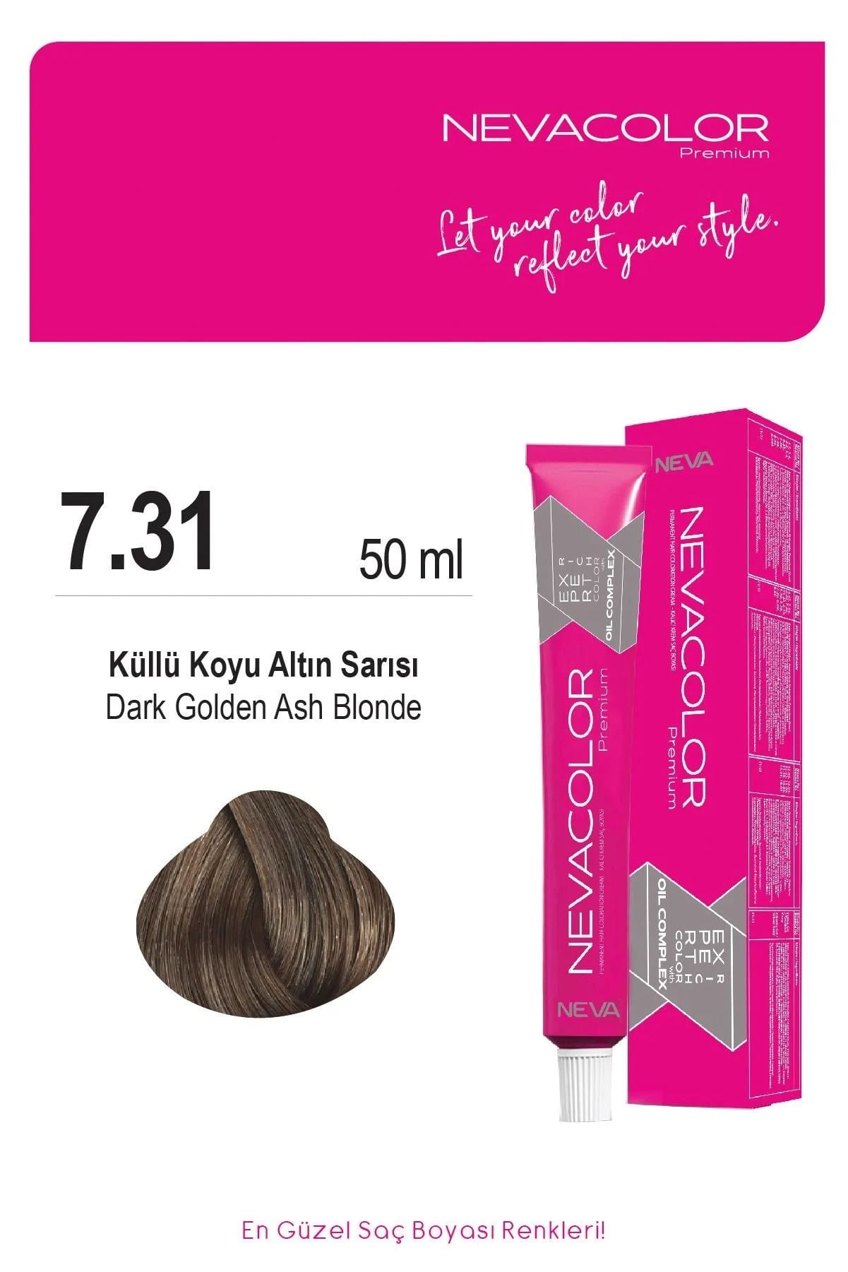 Neva Color Tüp Saç Boyası 7.31 Küllü Koyu Altın Sarısı 50 ml
