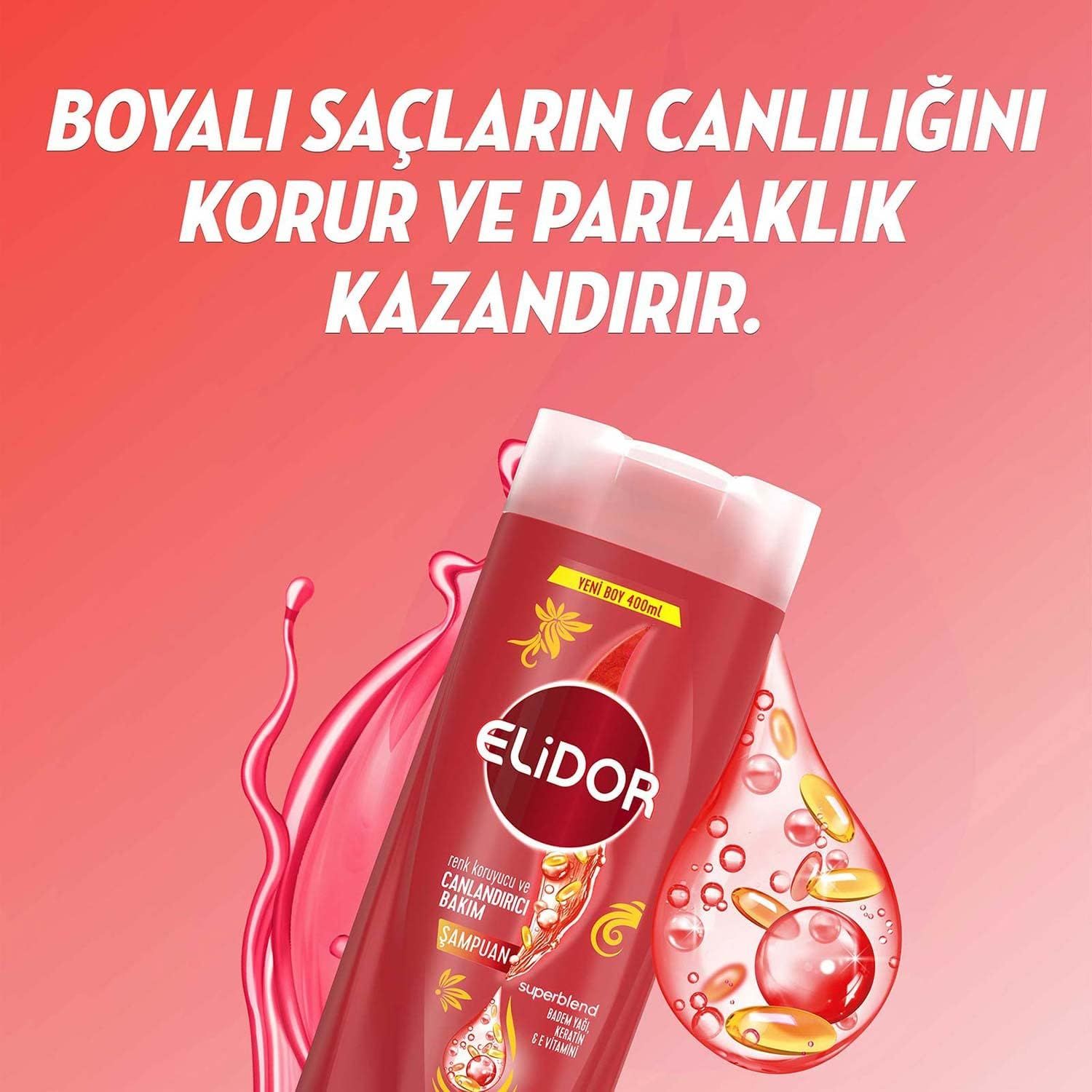 Elidor Superblend Canlandırıcı Saç Bakım Şampuanı Renk Koruyucu ve Badem Yağı Keratin E Vitamini 400 ml