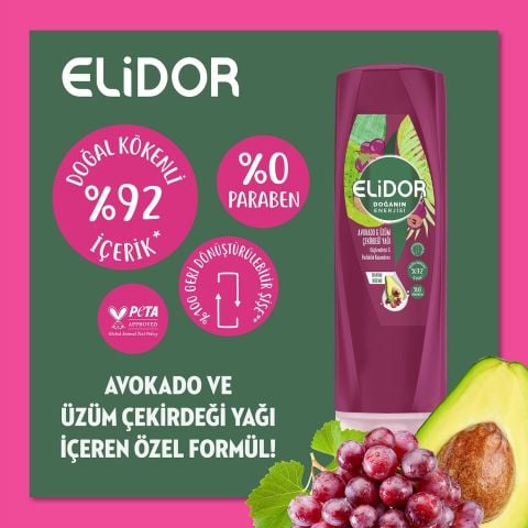 Elidor Doğanın Enerjisi Kalın ve Gür Avokado ve Üzüm Çekirdeği Yağı Bakım Kremi 350 ml