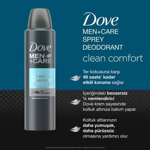 Dove Men Anti-Perspirant Sprey Deodorant Erkek Clean Comfort 48 Saat Güçlü Koruma (150 ml)