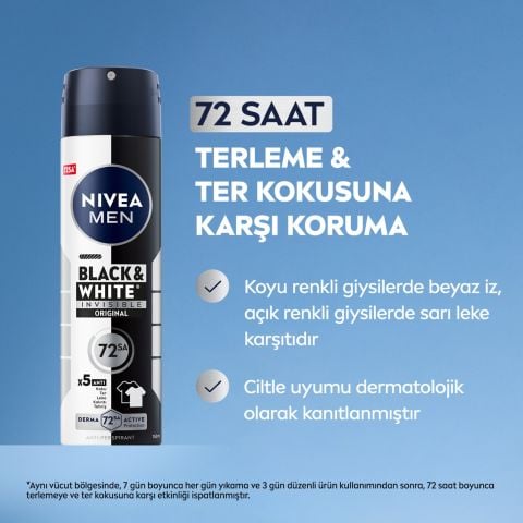 NIVEA MEN Black&White Invisible Original Erkek Sprey Deodorant 72 Saat Anti-perspirant 150ml