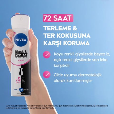NIVEA Black&White Clear Kadın Sprey Deodorant  72 Saat Anti-perspirant 150ml