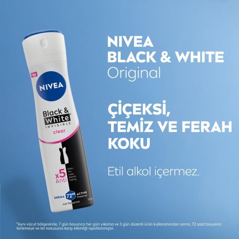 NIVEA Black&White Clear Kadın Sprey Deodorant  72 Saat Anti-perspirant 150ml