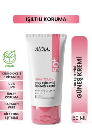 Wou Pink Touch Ton Eşitleyici ve Aydınlatıcı Yüksek Koruma Etkili SPF50+ Güneş Kremi 50ml Tüm Ciltler İçin