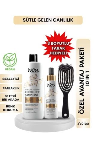 Wou Milk Therapy Şampuan 400 ml + Milk Therapy Saç Bakım Sütü 150 ml + Lüx Tarak Set