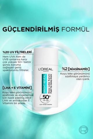 Loreal Paris Bright Reveal Spf 50+ Koyu Leke Karşıtı Fluid Yüz Güneş Kremi 50ml