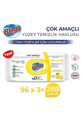 Bingo Pratik Limon Kokulu Çok Amaçlı Yüzey Temizlik Havlusu 96 Adet