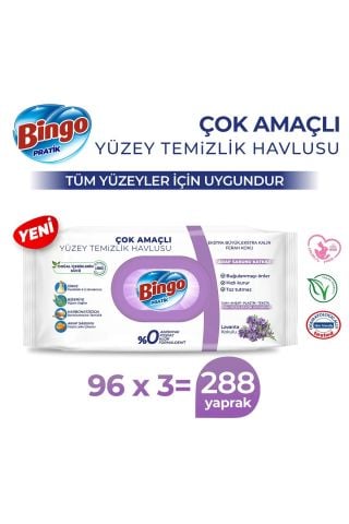 Bingo Pratik Lavanta Kokulu Çok Amaçlı Yüzey Temizlik Havlusu Arap Sabunu Katkılı 96 Adet