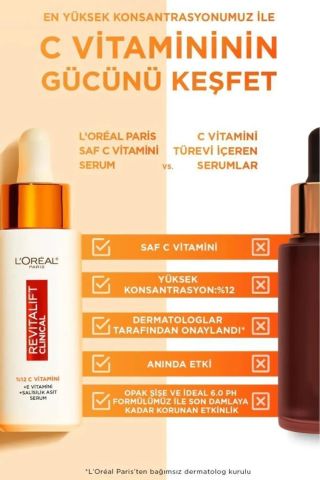 L'Oreal Paris Revitalift Clinical %12 Saf C Vitamini Aydınlatıcı, Ton Eşitleyici, Gözenek Karşıtı Serum 30 ml